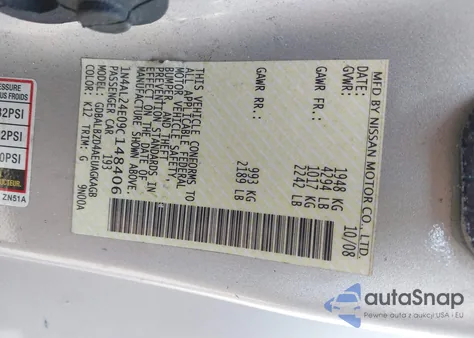 2009 Nissan Altima 2.5 S z USA, uszkodzony, nr VIN 1N4AL24E09C148406